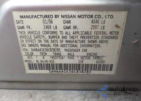 2006 Nissan Maxima 3.5 Se from USA, damaged, VIN 1N4BA41E56C838285